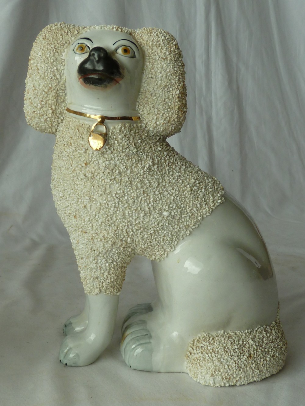 Pair Victorian Staffordshire Pottery Poodle Confetti Dogs Separate Leg Figures Gravelware Lion Cut Antique View V
