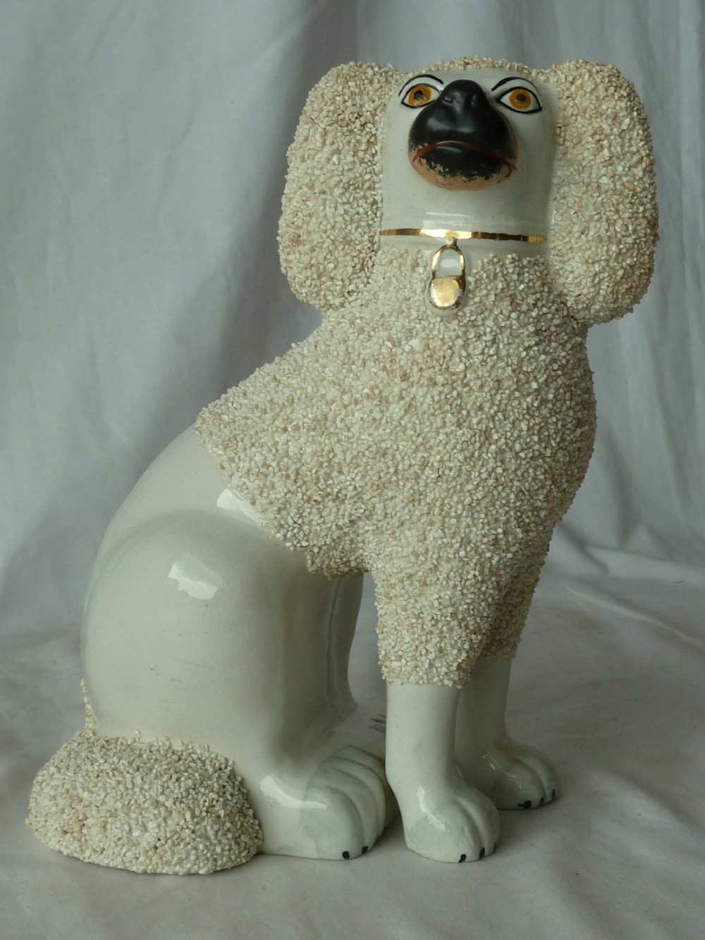 Pair Victorian Staffordshire Pottery Poodle Confetti Dogs Separate Leg Figures Gravelware Lion Cut Antique View VI