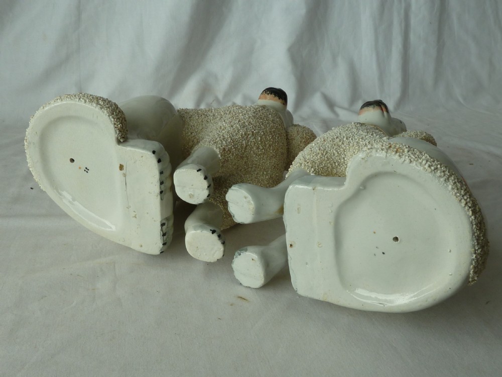 Pair Victorian Staffordshire Pottery Poodle Confetti Dogs Separate Leg Figures Gravelware Lion Cut Antique View VII