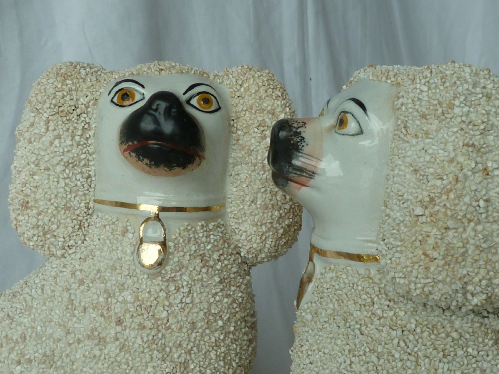 Pair Victorian Staffordshire Pottery Poodle Confetti Dogs Separate Leg Figures Gravelware Lion Cut Antique View VIII