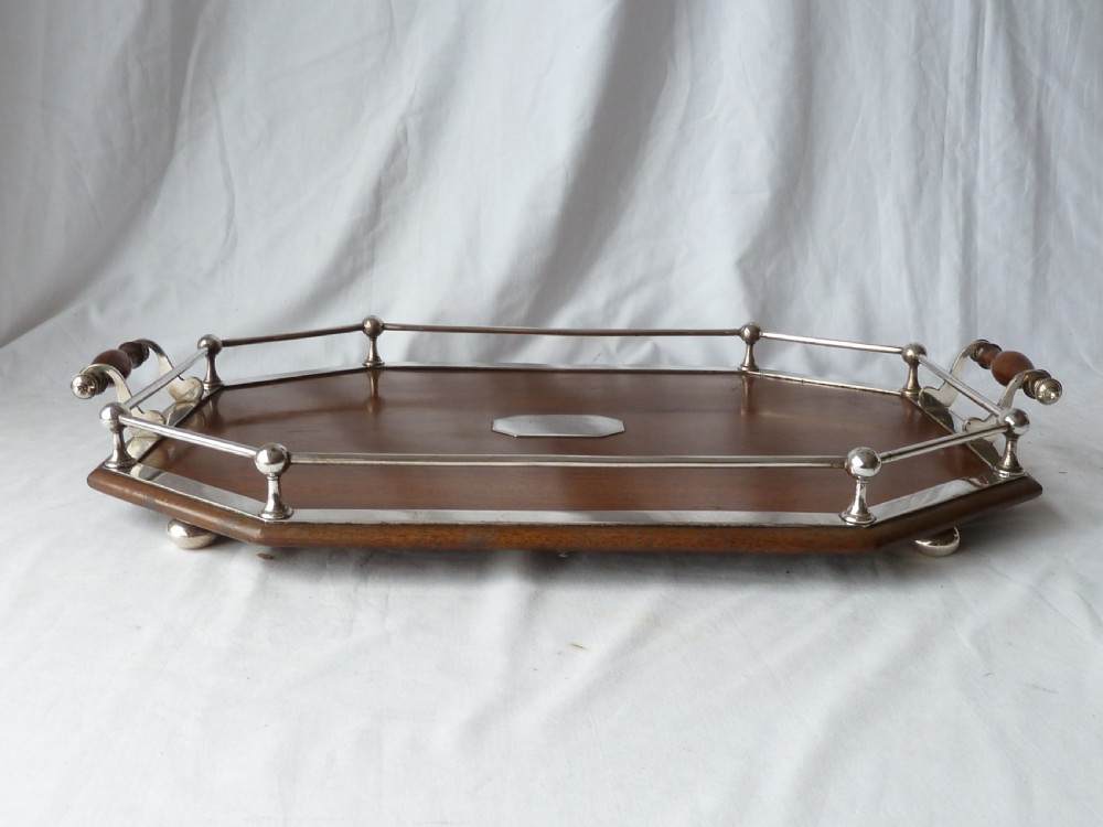 Victorian Silver Plate Mahogany Rectangular Gallery Tray EPNS Antique View II