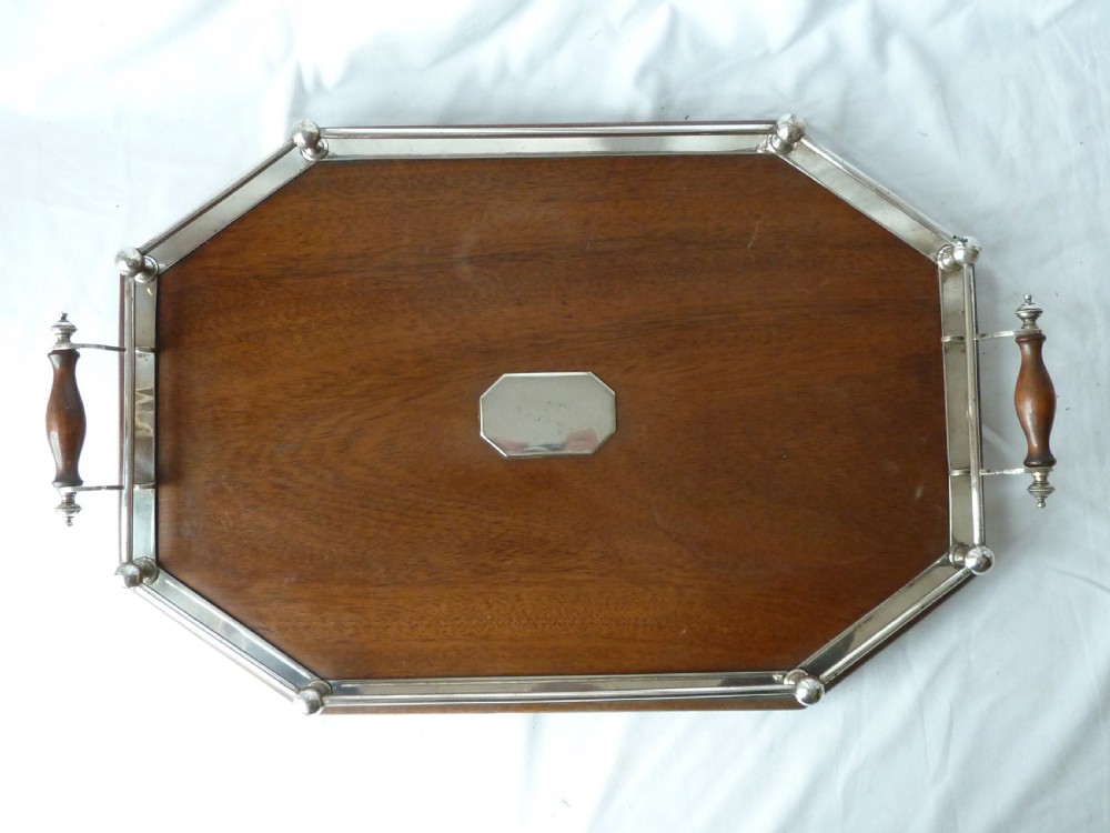 Victorian Silver Plate Mahogany Rectangular Gallery Tray EPNS Antique View III