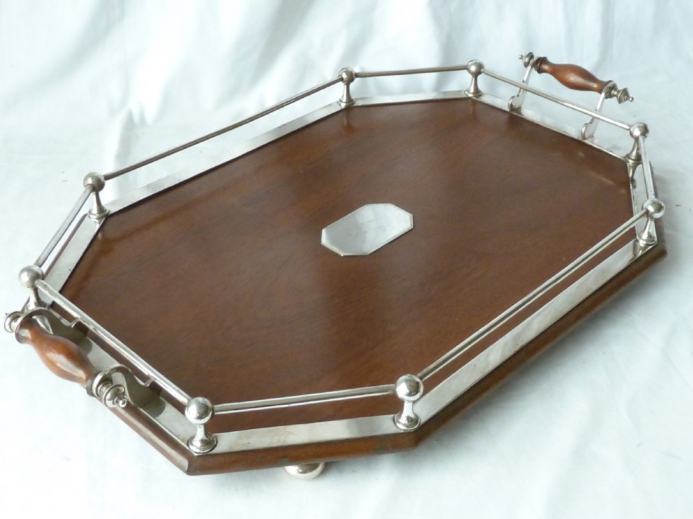 Victorian Silver Plate Mahogany Rectangular Gallery Tray EPNS Antique View V