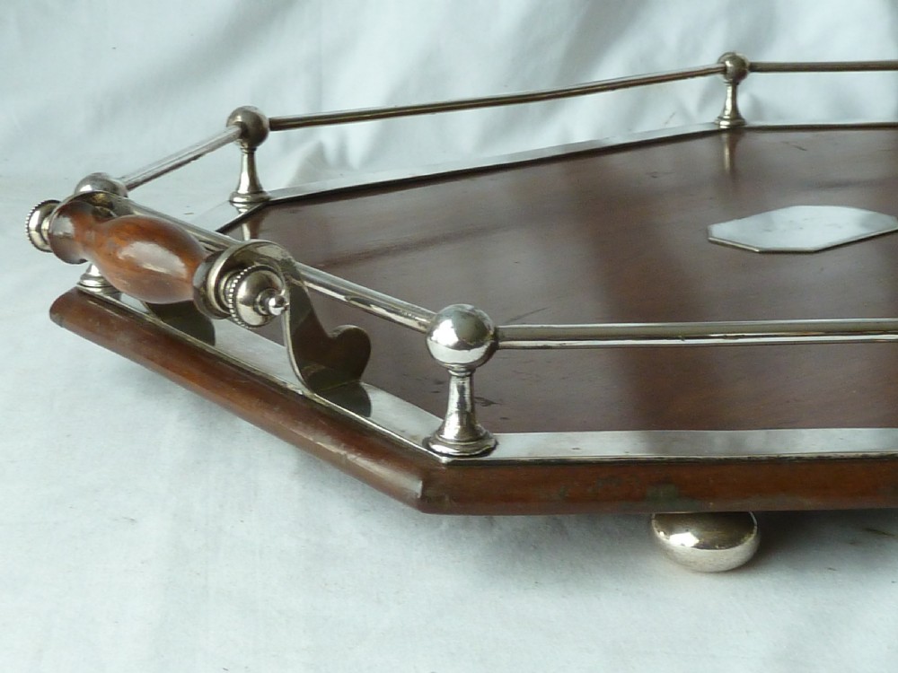 Victorian Silver Plate Mahogany Rectangular Gallery Tray EPNS Antique View VI