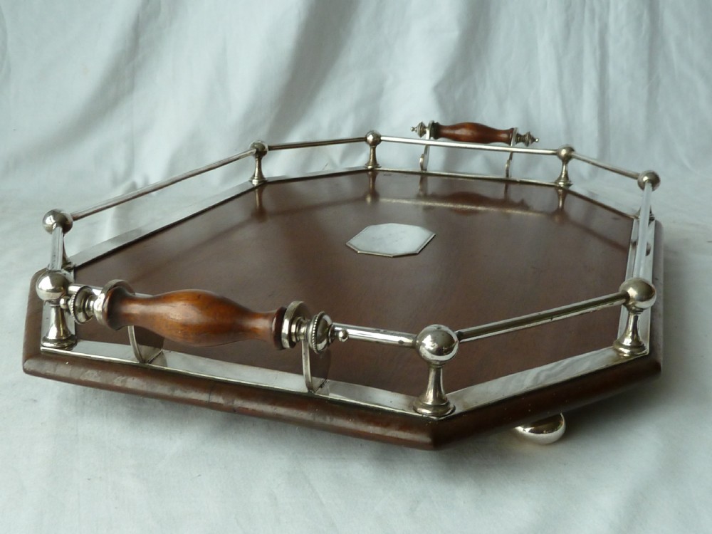 Victorian Silver Plate Mahogany Rectangular Gallery Tray EPNS Antique View VIII