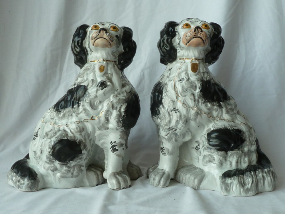 Pair Large Victorian Black & White Staffordshire Comforter Spaniel Wally Dogs Pottery