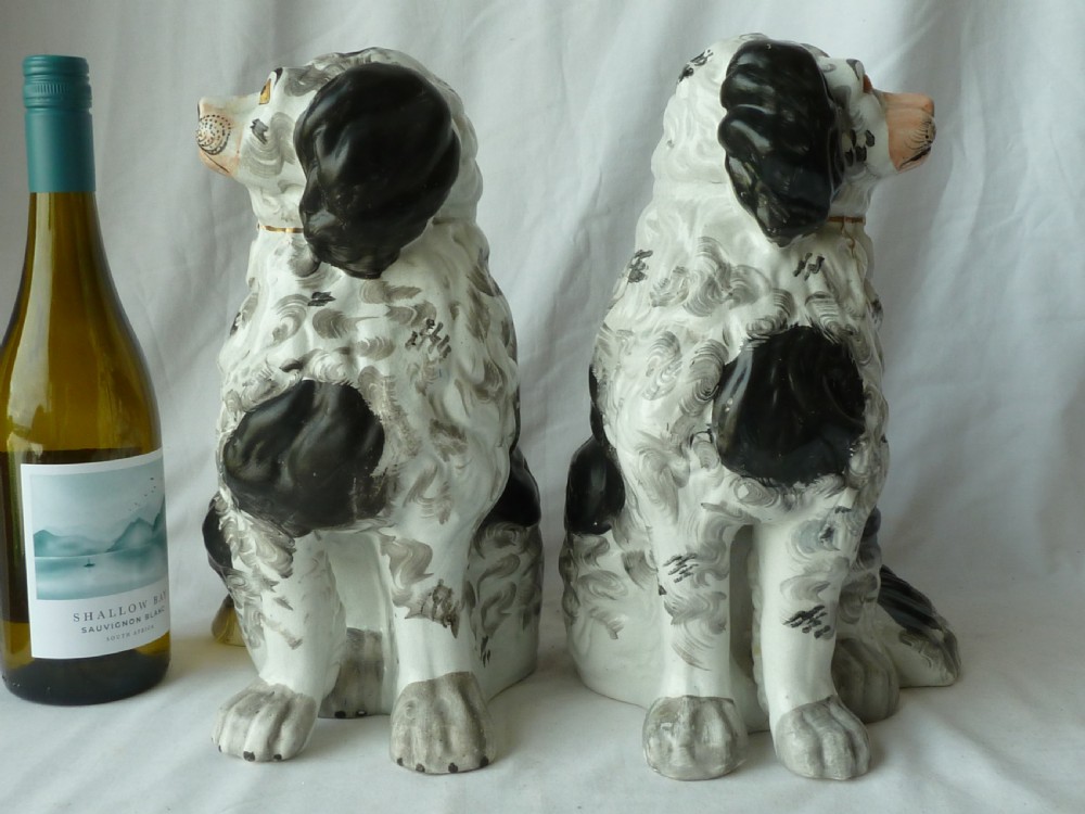 Pair Large Victorian Black & White Staffordshire Comforter Spaniel Wally Dogs Pottery View III