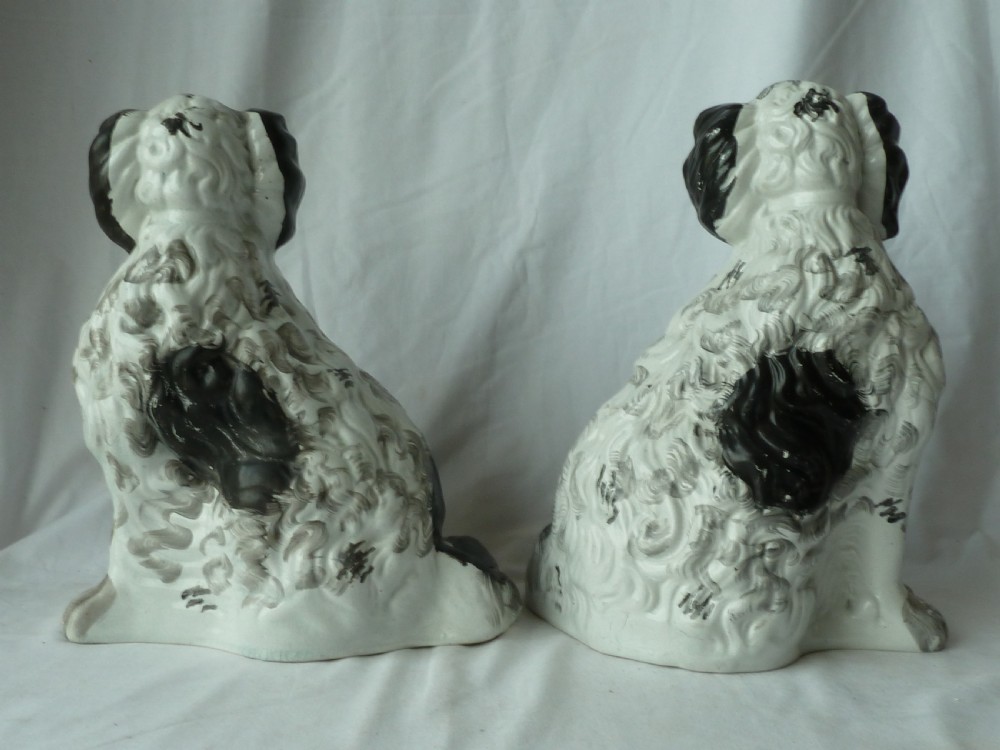 Pair Large Victorian Black & White Staffordshire Comforter Spaniel Wally Dogs Pottery View V