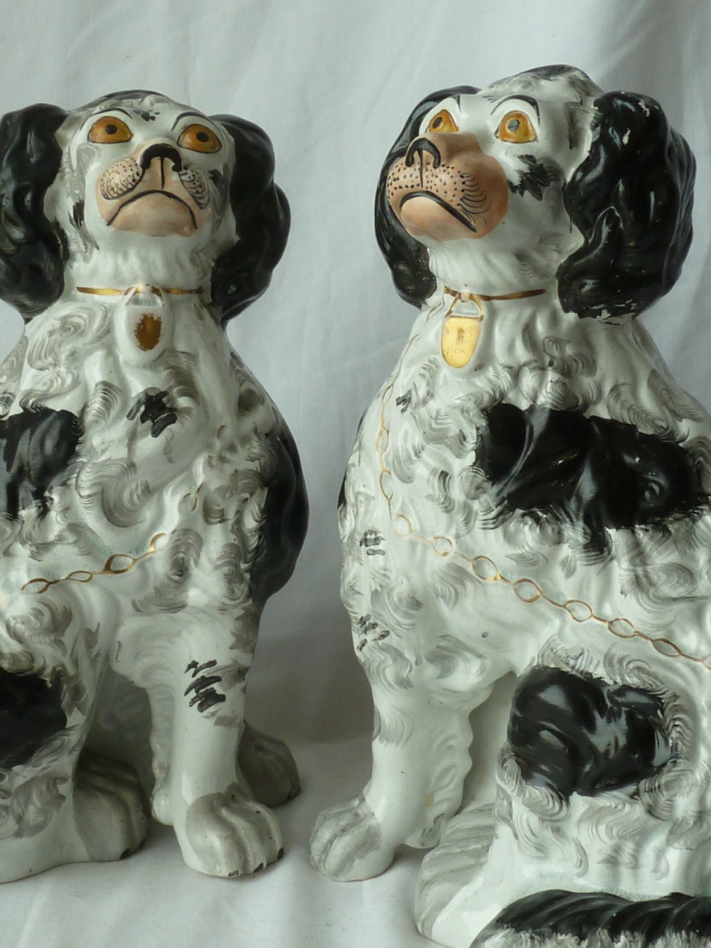 Pair Large Victorian Black & White Staffordshire Comforter Spaniel Wally Dogs Pottery View VII
