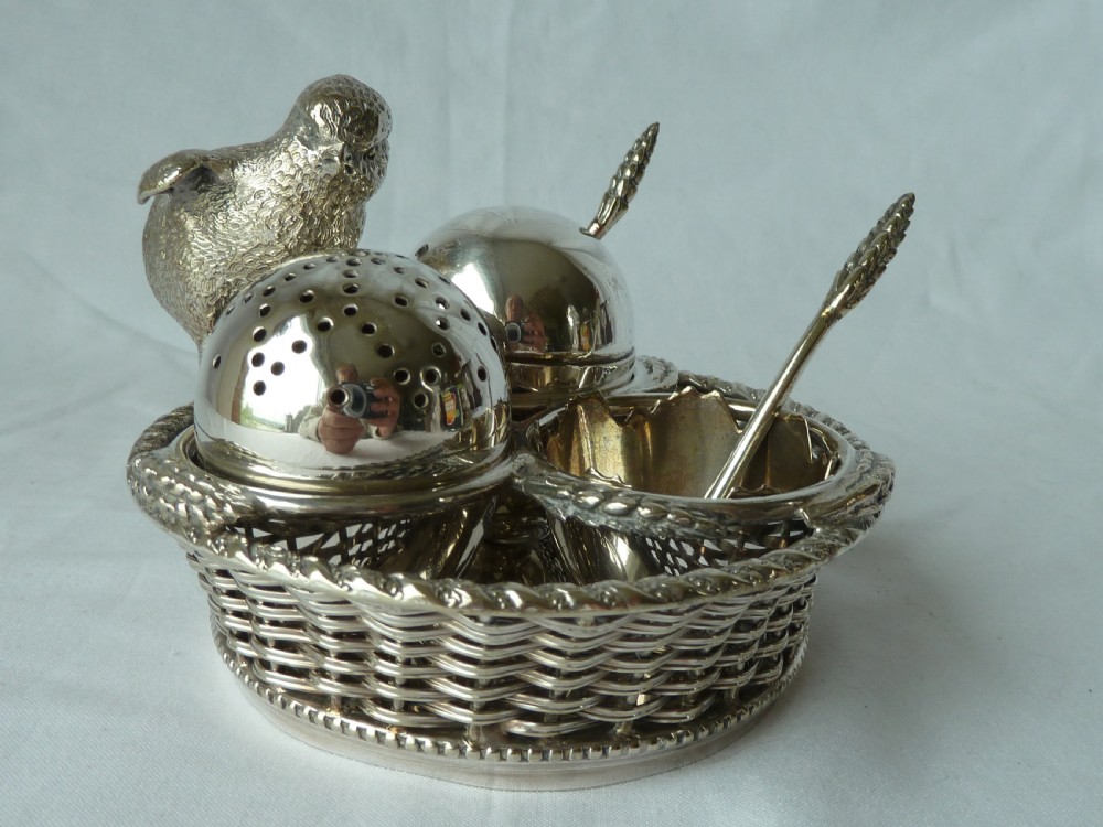 English Novelty Chick Egg Basket Cruet Silver Plate Mappin & Web Victorian