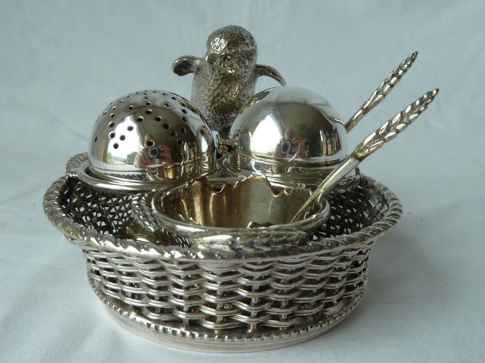 English Novelty Chick Egg Basket Cruet Silver Plate Mappin & Web Victorian View II