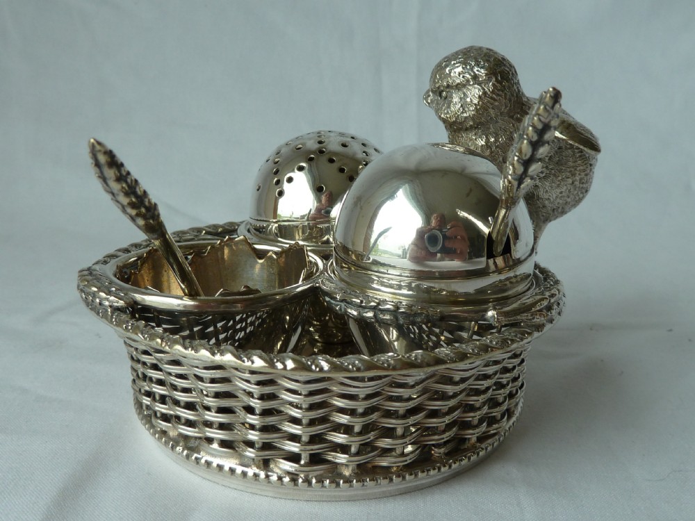 English Novelty Chick Egg Basket Cruet Silver Plate Mappin & Web Victorian View III