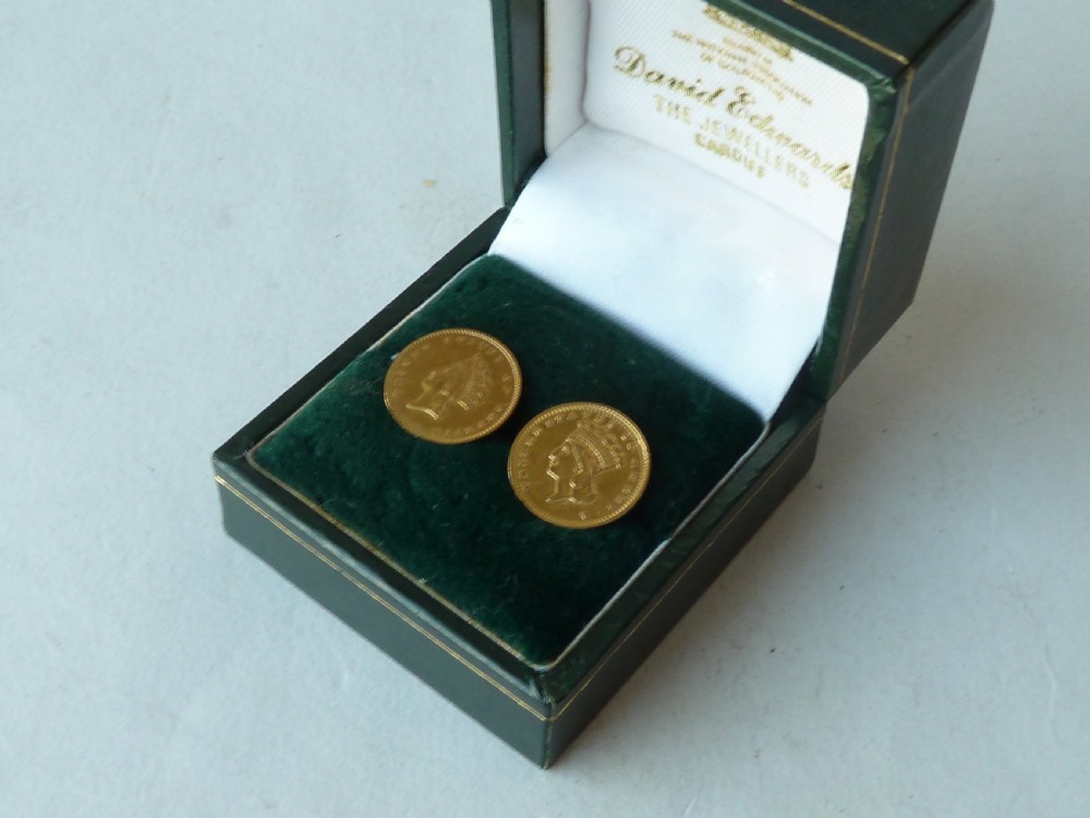 Gold Dollar Coin Studs Earrings 1855 Liberty Indian 21ct 18ct USA American View II