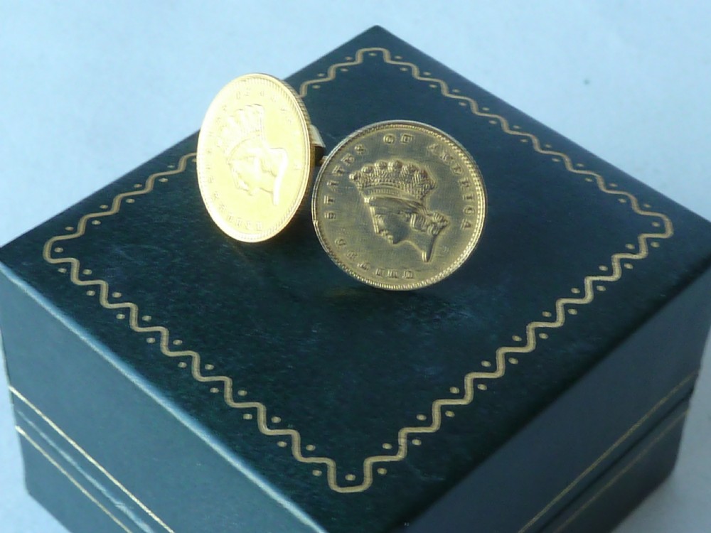 Gold Dollar Coin Studs Earrings 1855 Liberty Indian 21ct 18ct USA American View III