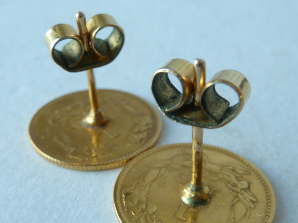 Gold Dollar Coin Studs Earrings 1855 Liberty Indian 21ct 18ct USA American View VI