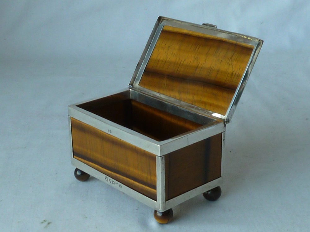 Victorian Silver Tigers Eye Agate Hardstone Box Hallmarked Sterling Trinket Jewellery