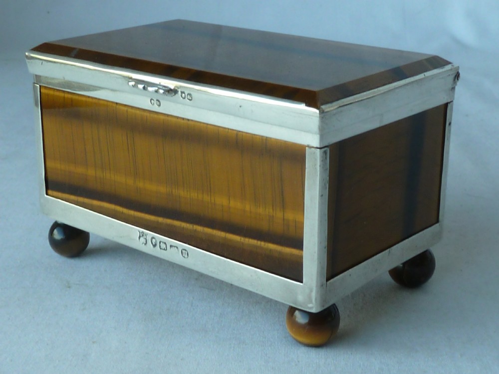Victorian Silver Tigers Eye Agate Hardstone Box Hallmarked Sterling Trinket Jewellery View II