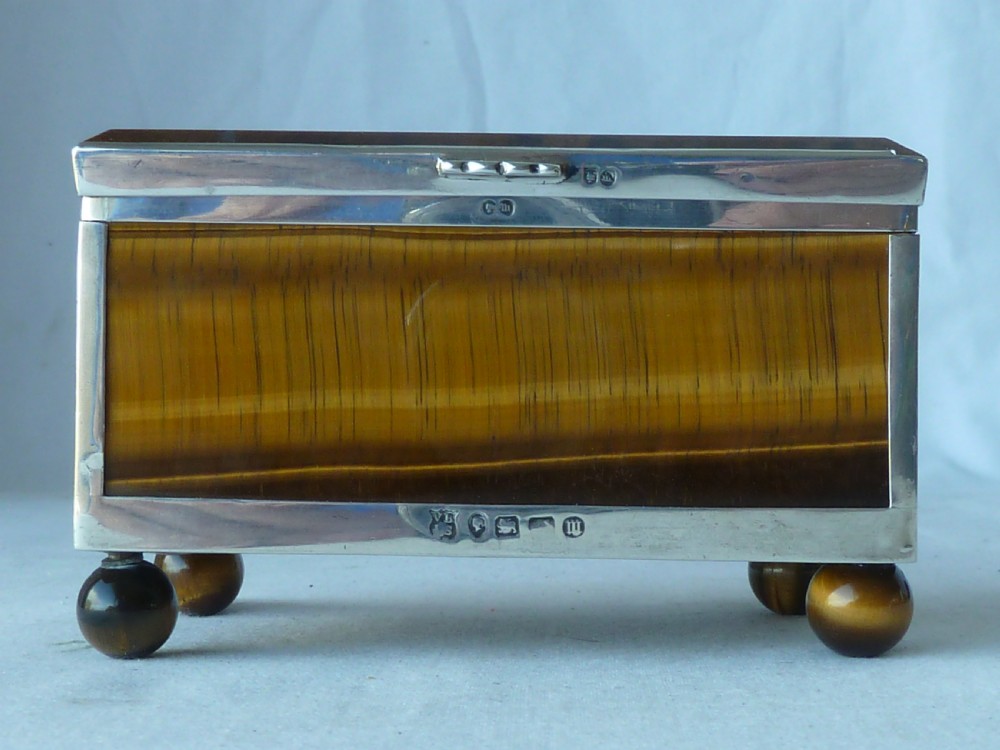 Victorian Silver Tigers Eye Agate Hardstone Box Hallmarked Sterling Trinket Jewellery View IV