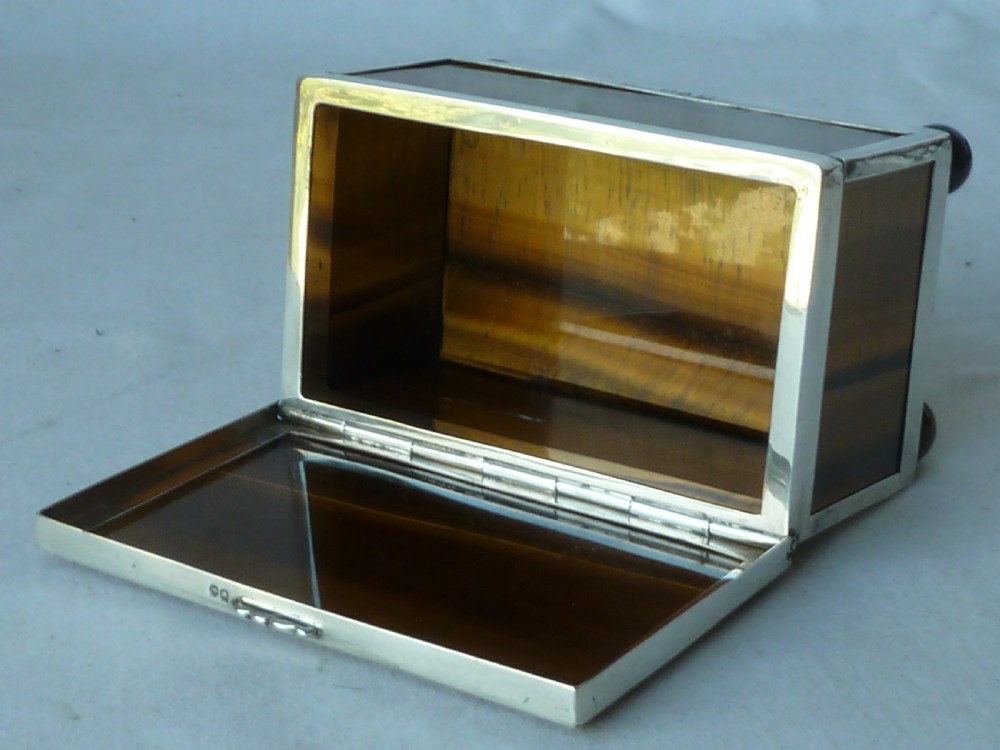 Victorian Silver Tigers Eye Agate Hardstone Box Hallmarked Sterling Trinket Jewellery View VII