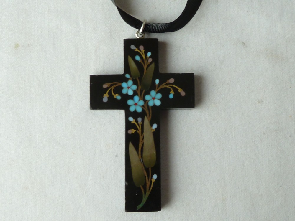 Large Pietra Dura Cross Pendant Ashford Marble Hardstone Inlay Victorian Forget Me Not