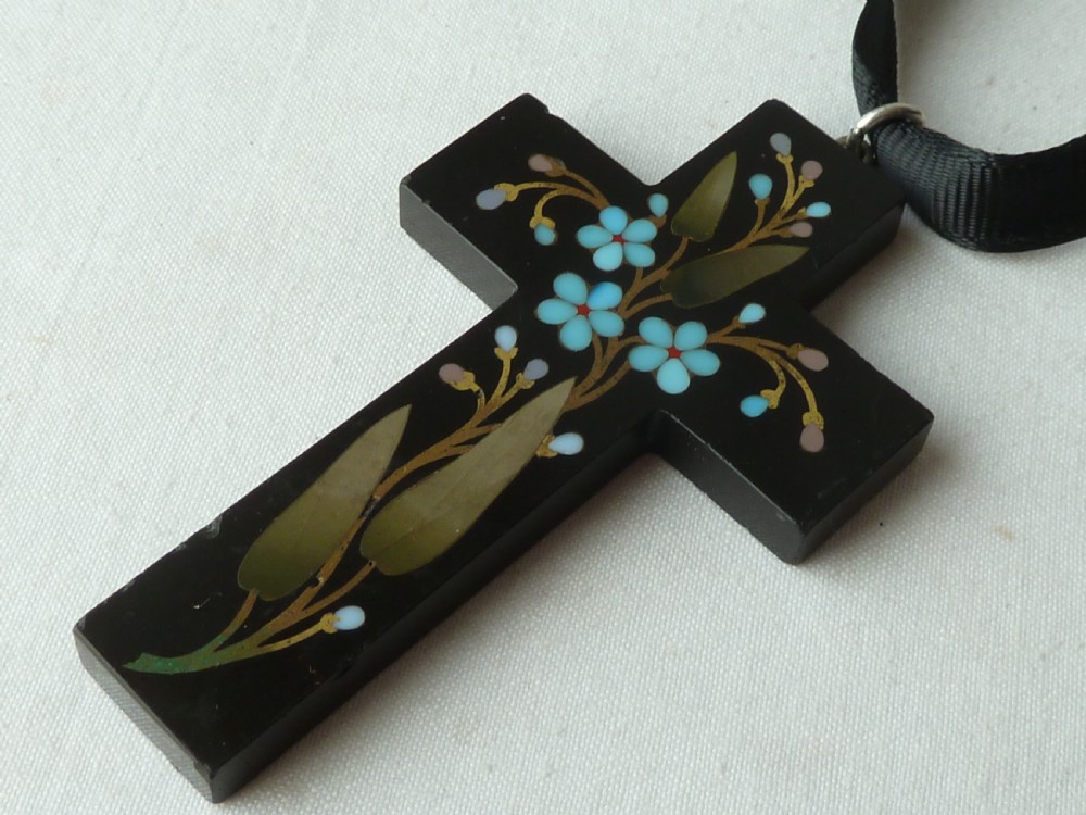 Large Pietra Dura Cross Pendant Ashford Marble Hardstone Inlay Victorian Forget Me Not View II