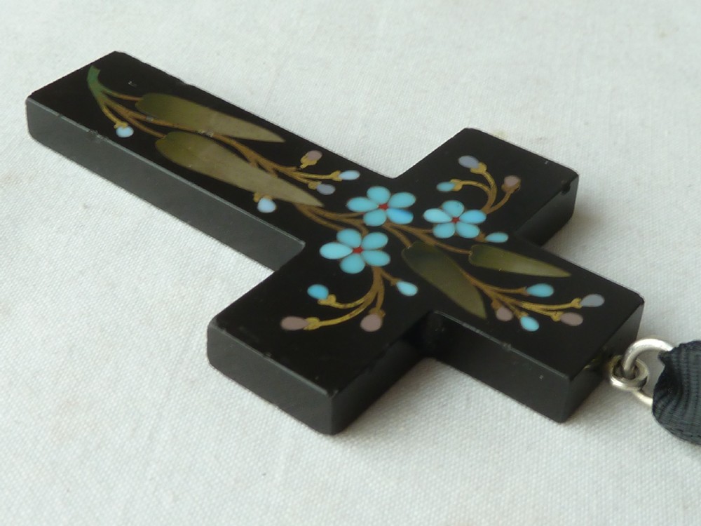 Large Pietra Dura Cross Pendant Ashford Marble Hardstone Inlay Victorian Forget Me Not View III