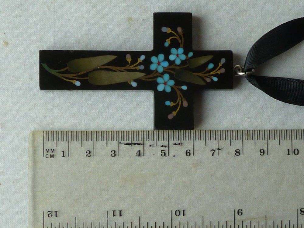 Large Pietra Dura Cross Pendant Ashford Marble Hardstone Inlay Victorian Forget Me Not View V