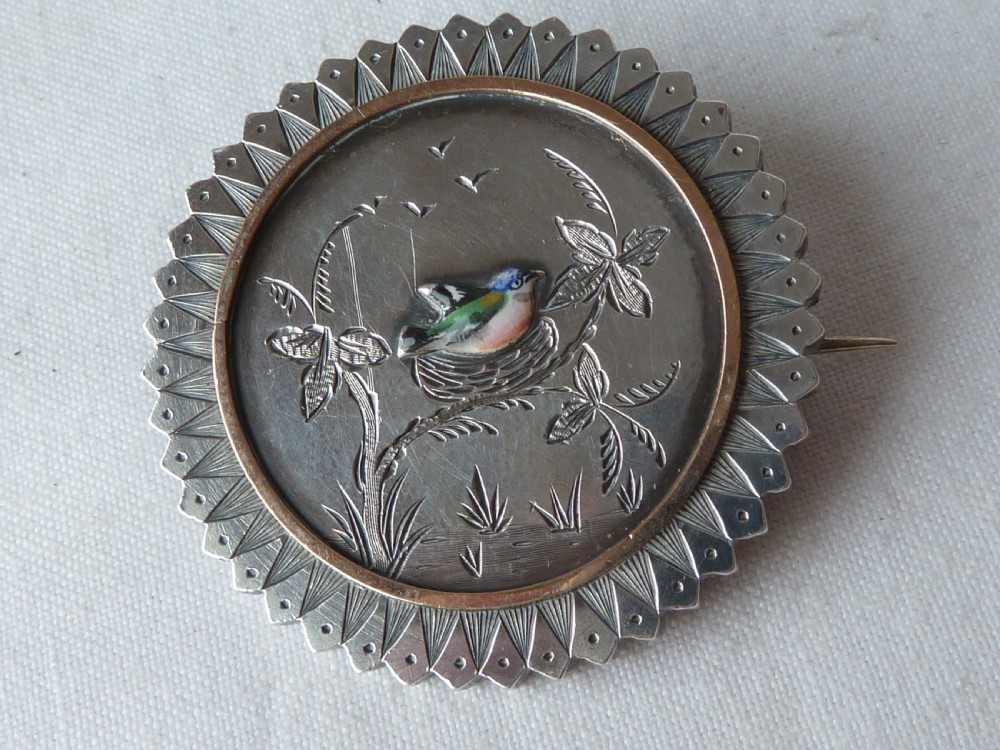 Wheel Brooch Pin Nesting Bird Victorian Enamel Silver Gold Aesthetic