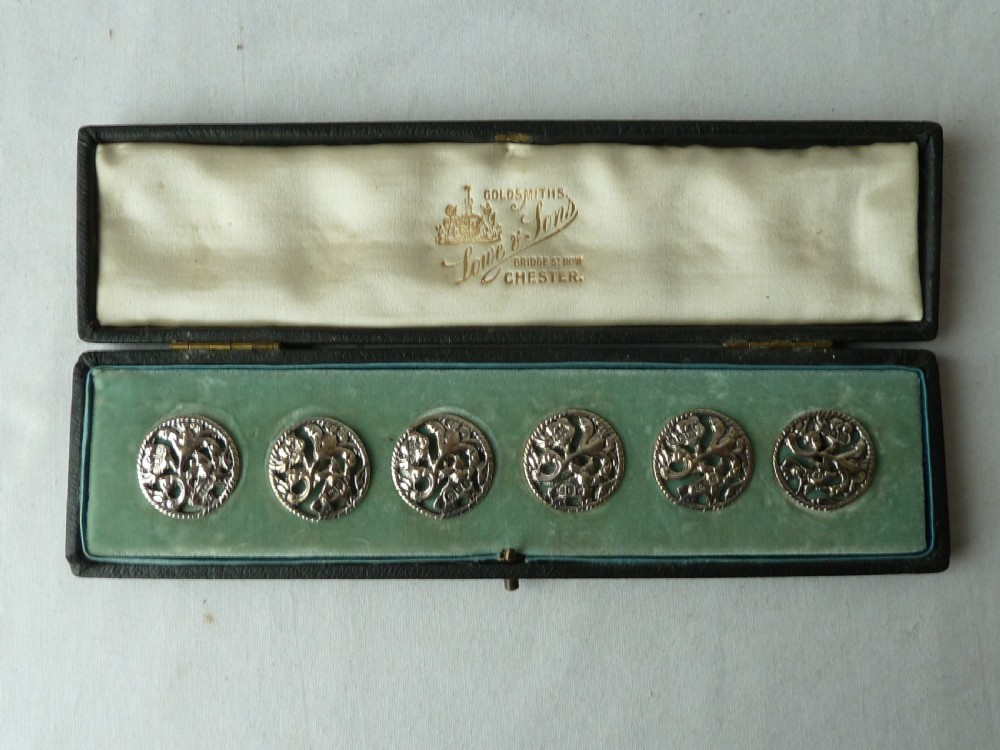 Boxed Set 6 Buttons Silver Floral Art Nouveau Hallmarked 1901