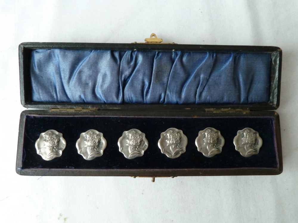 Boxed Set 6 Buttons Silver Art Nouveau Hallmarked 1900 Ladies Head