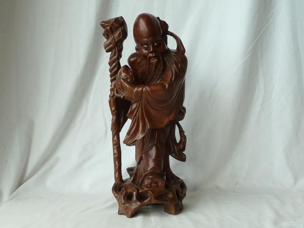 Large Chinese Carved Hardwood Figure Shou Lao Immortal God Long Life Qing Dynasty View II