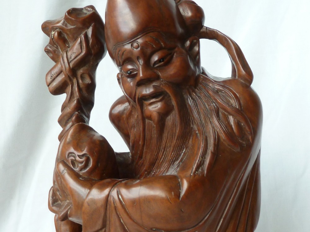 Large Chinese Carved Hardwood Figure Shou Lao Immortal God Long Life Qing Dynasty View III