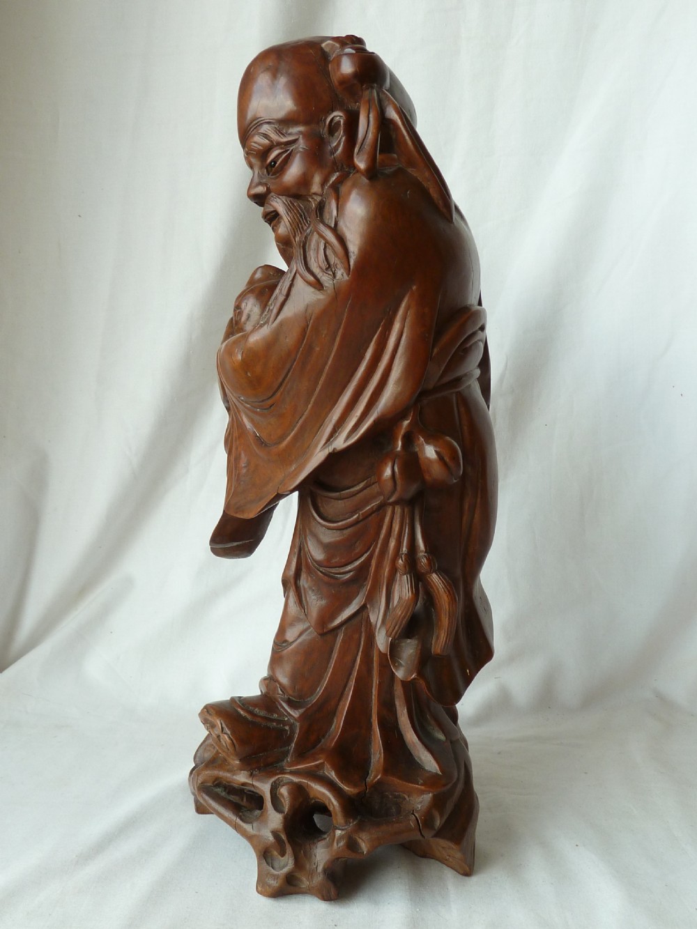 Large Chinese Carved Hardwood Figure Shou Lao Immortal God Long Life Qing Dynasty View VI