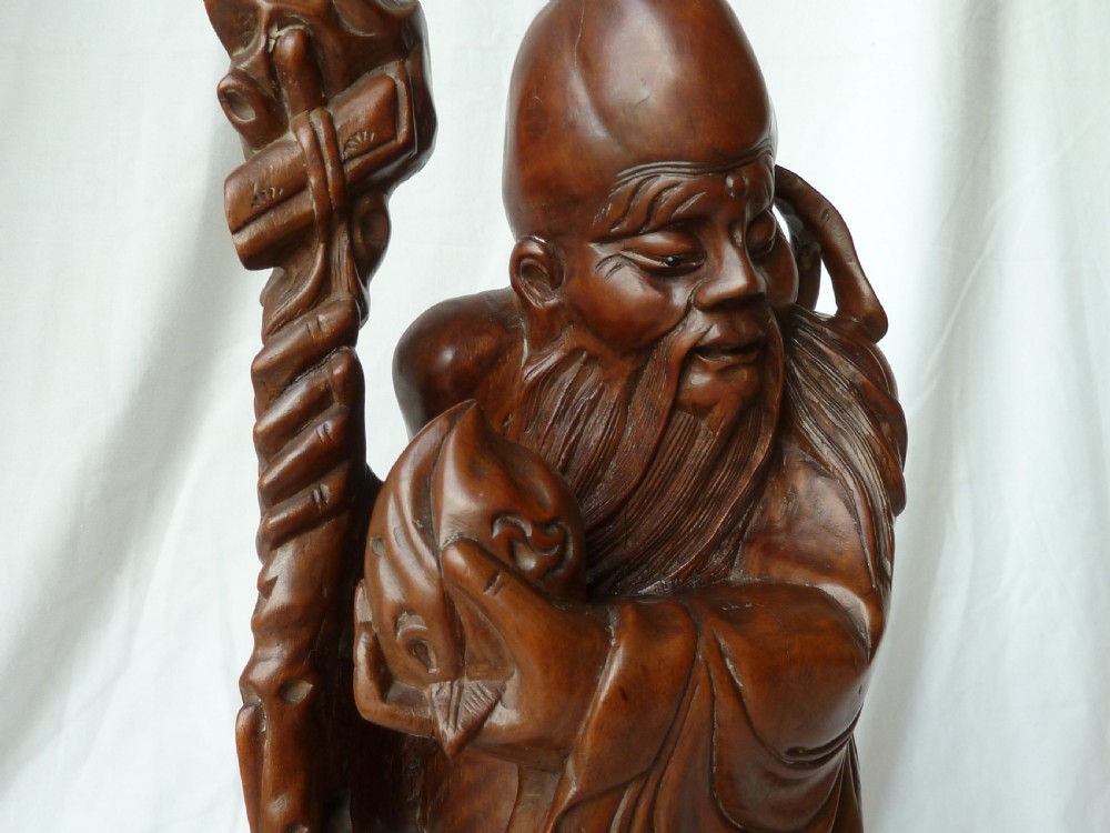 Large Chinese Carved Hardwood Figure Shou Lao Immortal God Long Life Qing Dynasty View VII