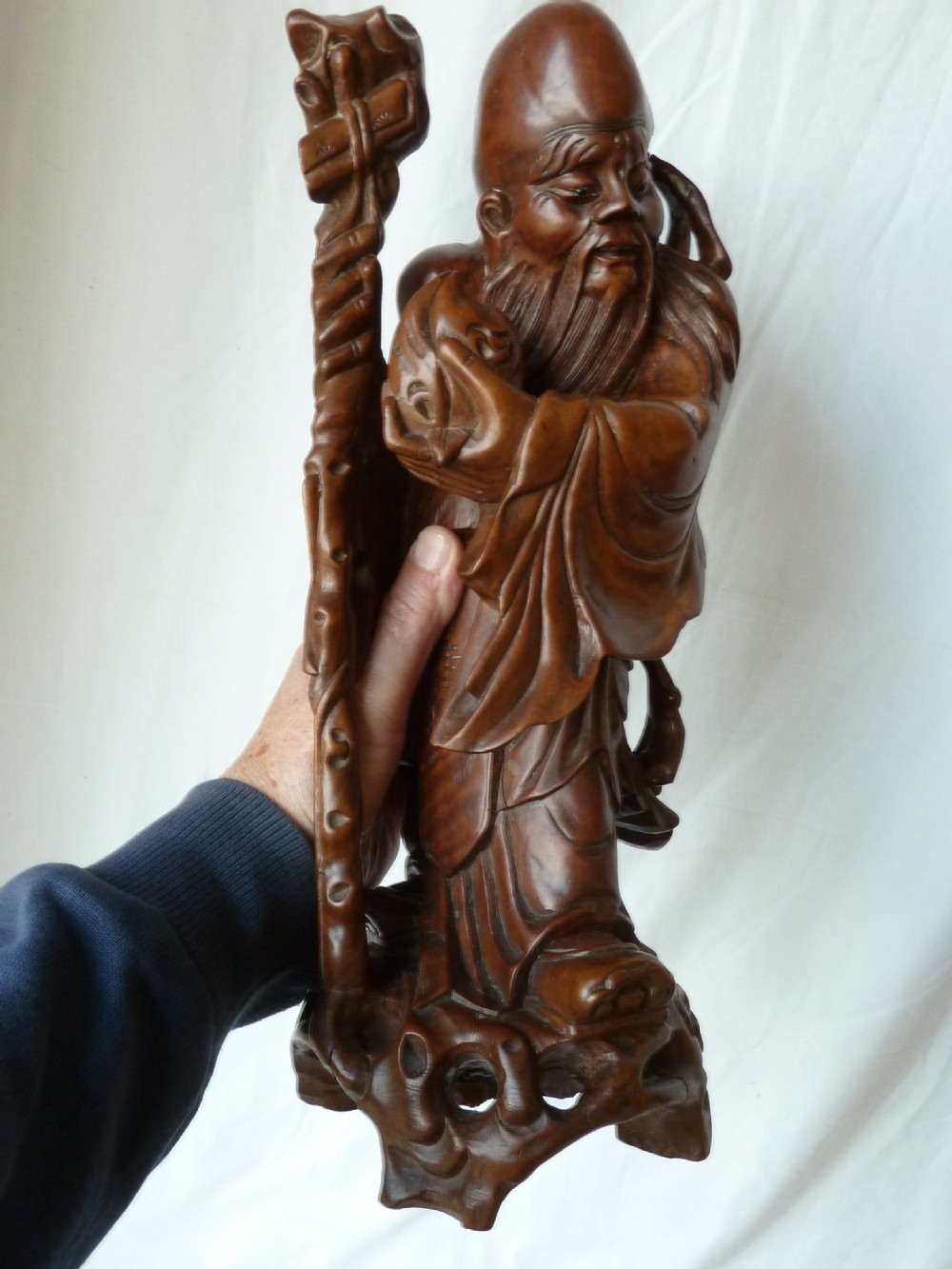 Large Chinese Carved Hardwood Figure Shou Lao Immortal God Long Life Qing Dynasty View IX