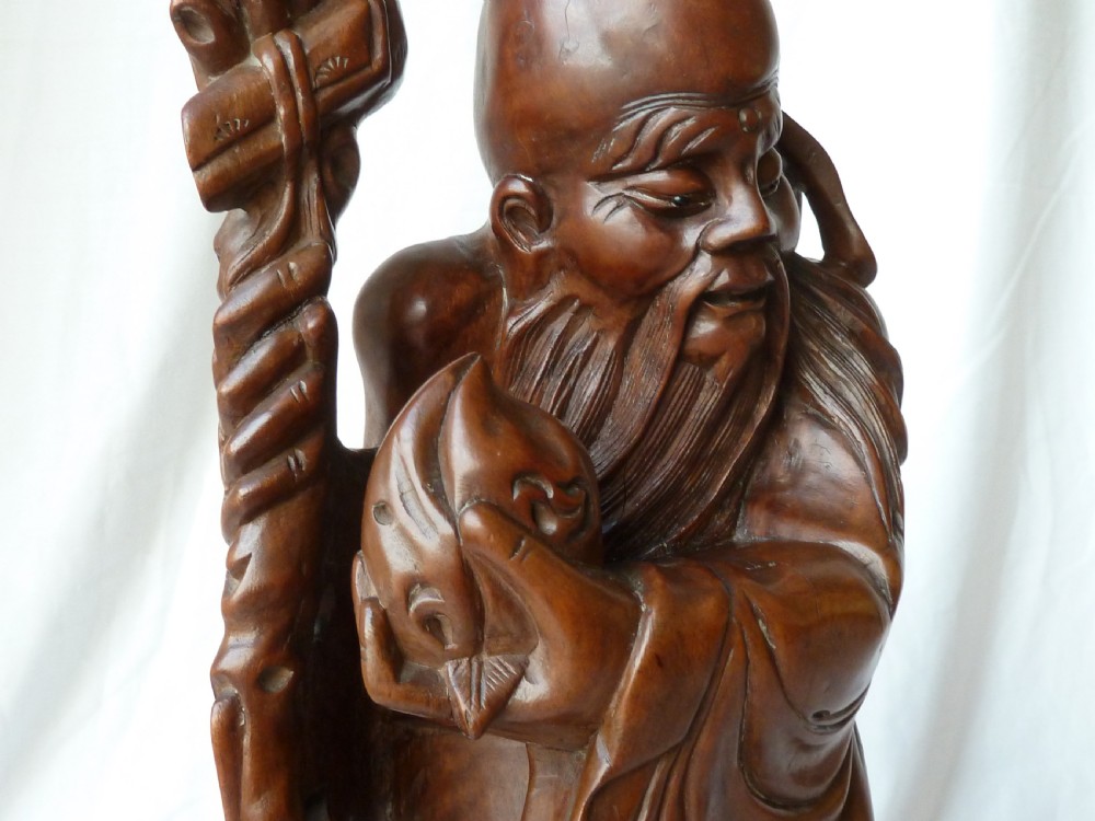 Large Chinese Carved Hardwood Figure Shou Lao Immortal God Long Life Qing Dynasty View X