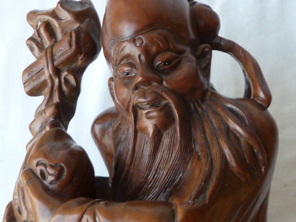 Large Chinese Carved Hardwood Figure Shou Lao Immortal God Long Life Qing Dynasty View XI