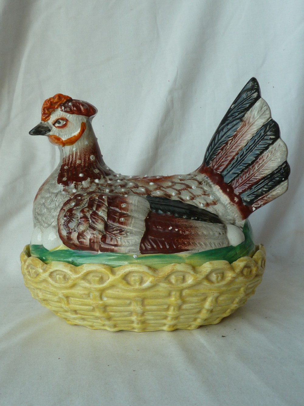 Hen On Nest Tureen Staffordshire Pottery Victorian Enamel Coloured Egg Chicken Basket Victorian