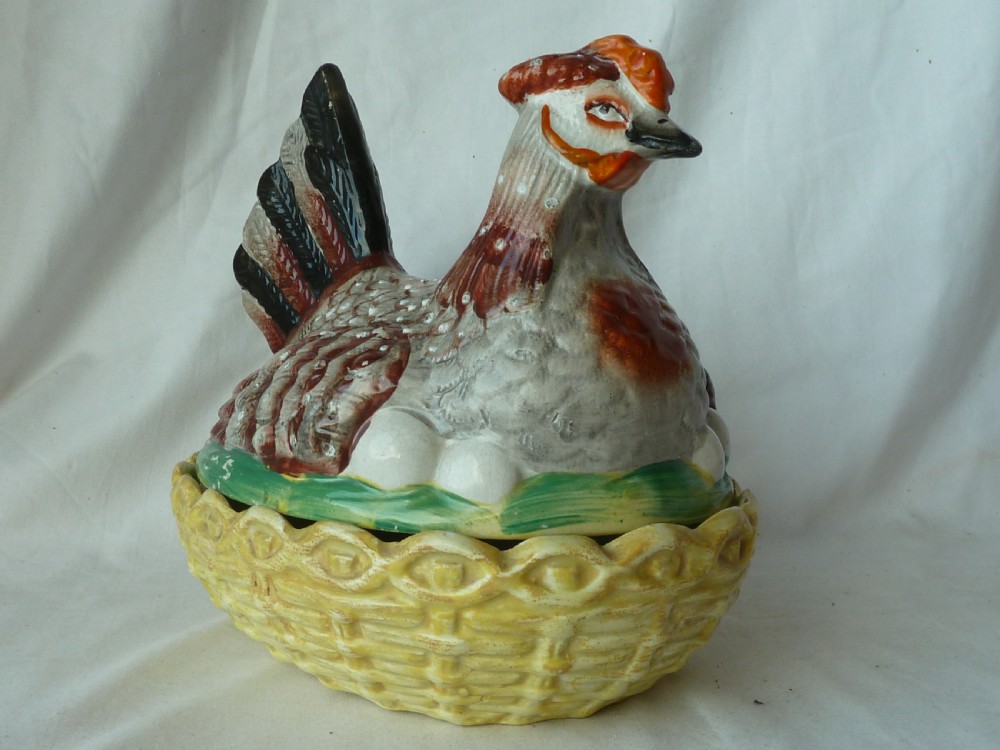 Hen On Nest Tureen Staffordshire Pottery Victorian Enamel Coloured Egg Chicken Basket Victorian View II