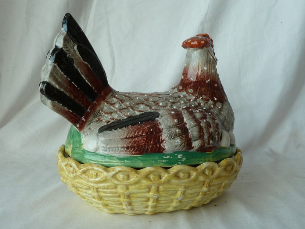 Hen On Nest Tureen Staffordshire Pottery Victorian Enamel Coloured Egg Chicken Basket Victorian View III