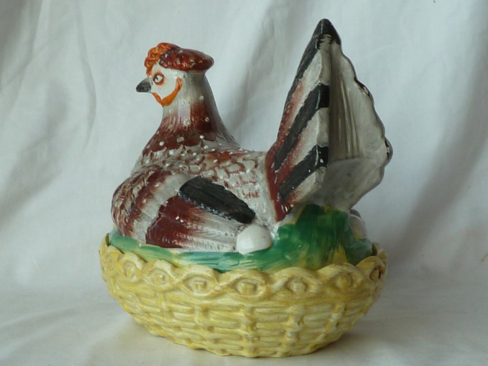 Hen On Nest Tureen Staffordshire Pottery Victorian Enamel Coloured Egg Chicken Basket Victorian View IV