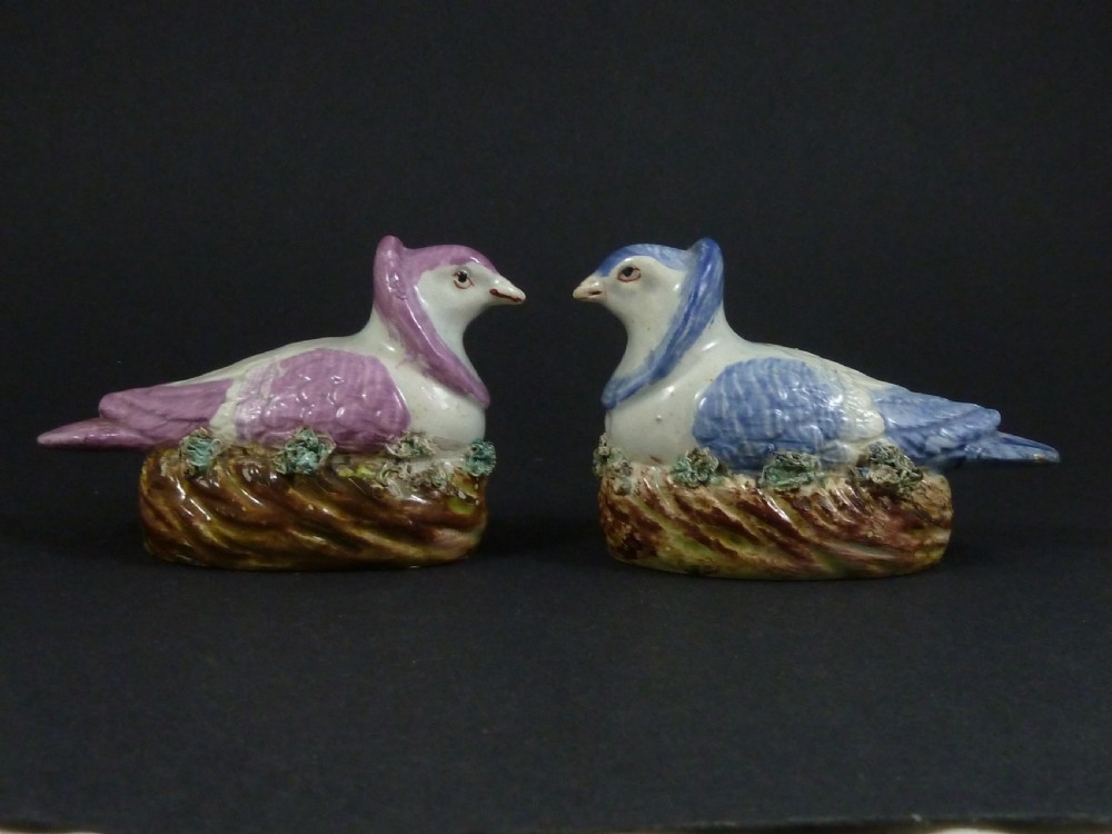 Pair Victorian Staffordshire Nun Pigeons Doves Pearlware Pottery Miniature
