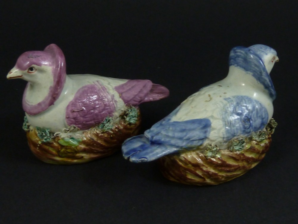 Pair Victorian Staffordshire Nun Pigeons Doves Pearlware Pottery Miniature View II