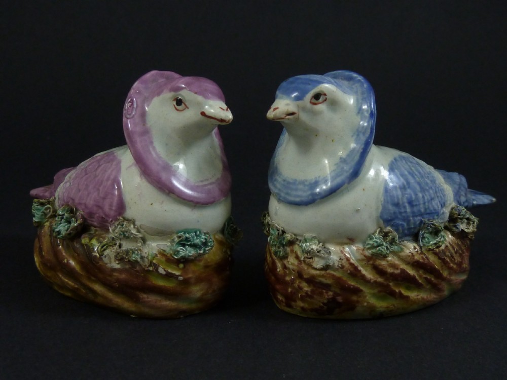 Pair Victorian Staffordshire Nun Pigeons Doves Pearlware Pottery Miniature View III