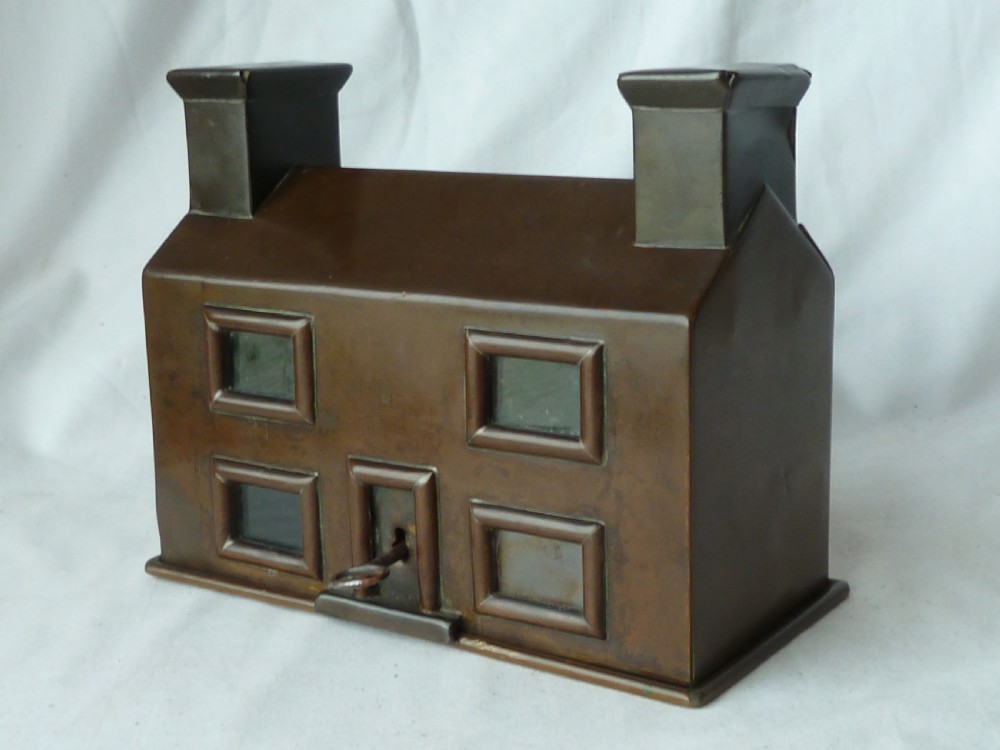 Patinated Brass Cottage Money Box Coin Bank Miniature Building House English Naive Folk Art