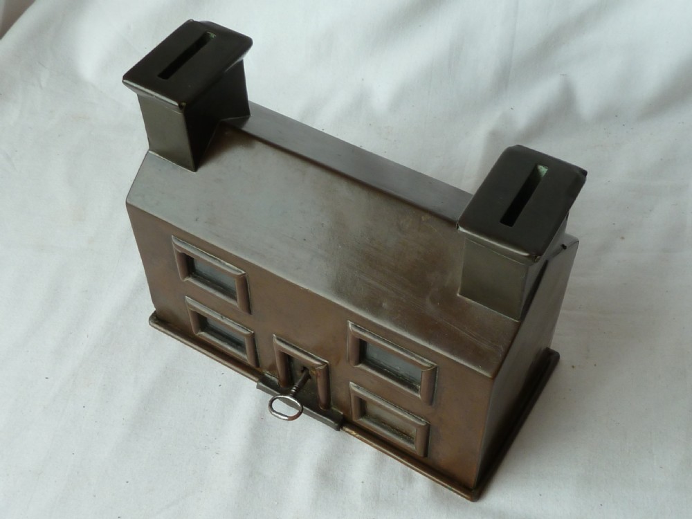 Patinated Brass Cottage Money Box Coin Bank Miniature Building House English Naive Folk Art View IV