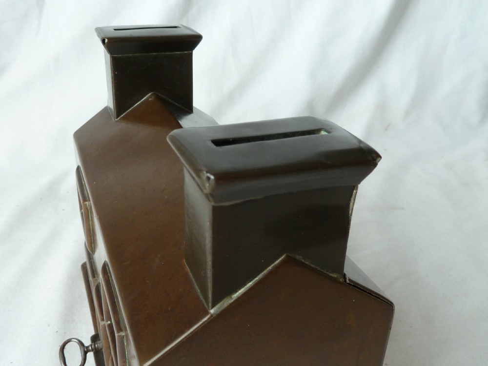 Patinated Brass Cottage Money Box Coin Bank Miniature Building House English Naive Folk Art View VII
