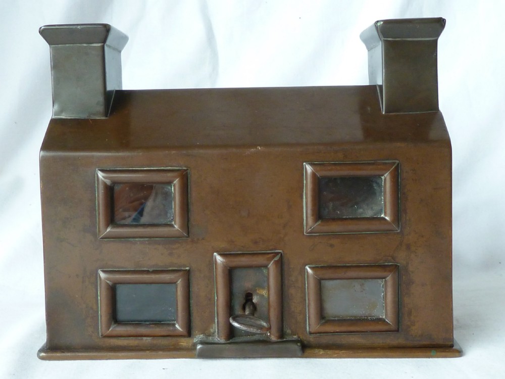 Patinated Brass Cottage Money Box Coin Bank Miniature Building House English Naive Folk Art View VIII