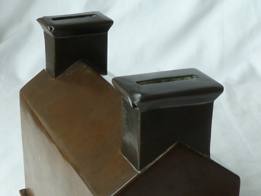 Patinated Brass Cottage Money Box Coin Bank Miniature Building House English Naive Folk Art View IX