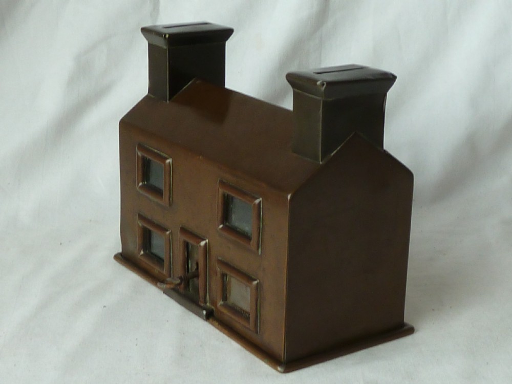 Patinated Brass Cottage Money Box Coin Bank Miniature Building House English Naive Folk Art View XI